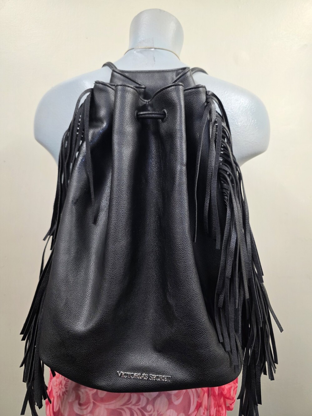 Victoria's Secret Fringe Drawstring Backpack Faux Leather Black Purse Bag *NWOT*